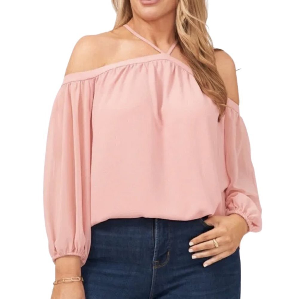 1. State Halter Off Shoulder Bubble Sleeve Top in Blush Pink Sz. 3X NWT
